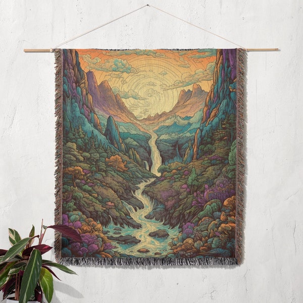 Tapisserie de jetée Trippy Mountains | Tapis tissé bohème, décoration murale pour canapé-lit, décoration murale 100 % coton, cadeau pour elle