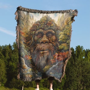 Bigfoot Sasquatch Forest Blanket Throw Tapestry | Woven Wall Hanging Art Decor Sofa Bed Cover - 100% Cotton