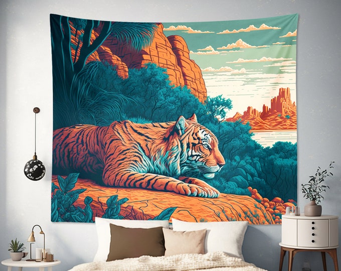 Safari Wild Jungle Tiger Tapestry Wall Hanging Art - for Living Kids Bedroom Dorm Room Decor Gift