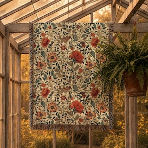 Floral Cottagecore Flowers Throw Blanket Tapestry | Vintage Woven Rug Wall Hanging Sofa Bed Cover Decor Gift For Her