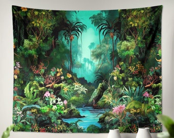 Tropical Jungle Forest Tapestry Wall Hanging Art - for kids room dorm bedroom Green Nature Home Decor gift