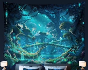 Magical Fantasy Forest Tapestry Wall Hanging Bioluminescence Art - for Kids room dorm bedroom Nature Home Decor Gift