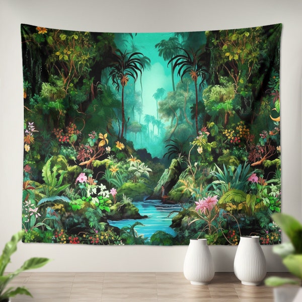 Tropical Jungle Forest Tapestry Wall Hanging Art - for kids room dorm bedroom Green Nature Home Decor gift