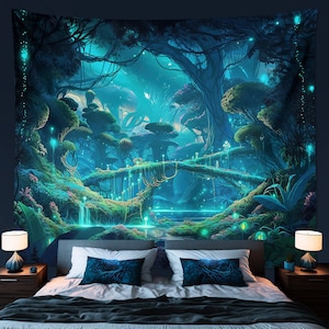 Magical Fantasy Forest Tapestry Wall Hanging Bioluminescence Art - for Kids room dorm bedroom Nature Home Decor Gift