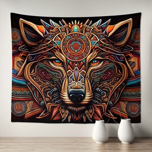 先住民族のオオカミのタペストリー | ネイティブアメリカンの壁掛けアート - 寝室、エスニックな寮の部屋、ホームデコレーションギフト