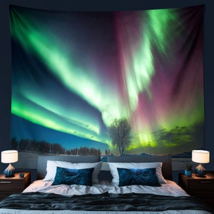 Aurora Northern Lights Tapestry | Celestial Winter Wall Hanging Art Above Bed Decor - for Living Kids Bedroom Dorm Room Gift