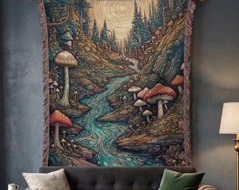 Trippy Mushroom Forest Woven Blanket Tapestry | Woven Wall Hanging Decor Sofa Bed Cover