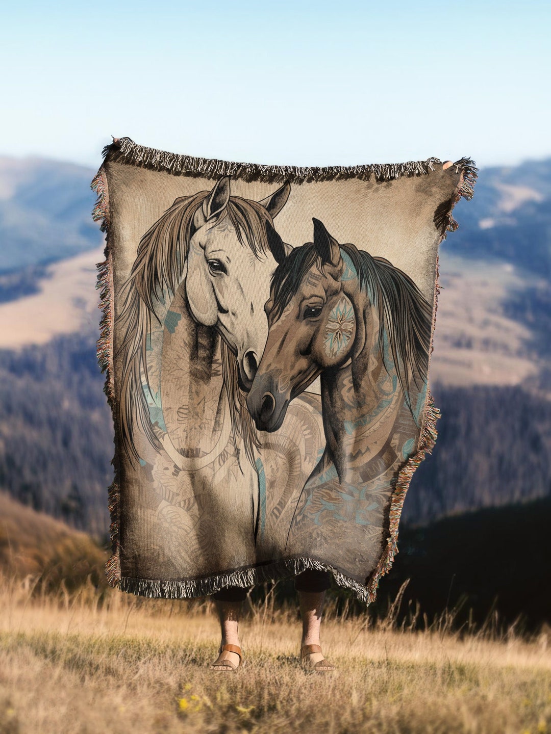 Native American Horses Throw Blanket | Western Woven Wall Hanging Decor ...