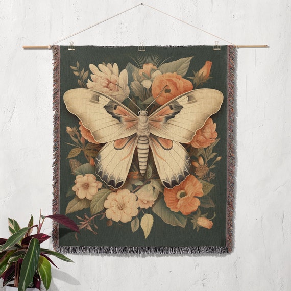 Floral Moth Throw Blanket Tapestry | Cottagecore Woven Rug Wall Hanging Sofa Bed Cover Decor - 100% Cotton Gift For Her