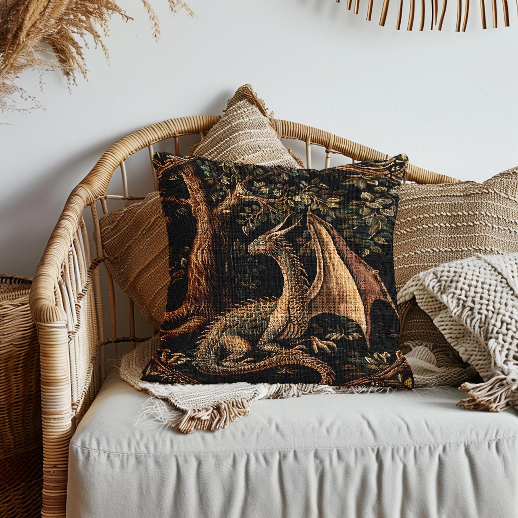 Woven Pillow Medieval Dragon Decor, Earthy Aesthetic Cushion Cover, Goblincore Sofa Bed Room Gift, Fairytale Inspired Cotton Home Decoration