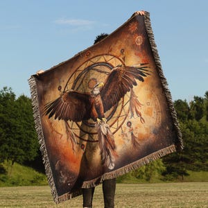 Native Americans Eagle Bird Throw Blanket | Indigenous Woven Wall Hanging Tapestry Art Decor Sofa Bed Cover - 100% Cotton