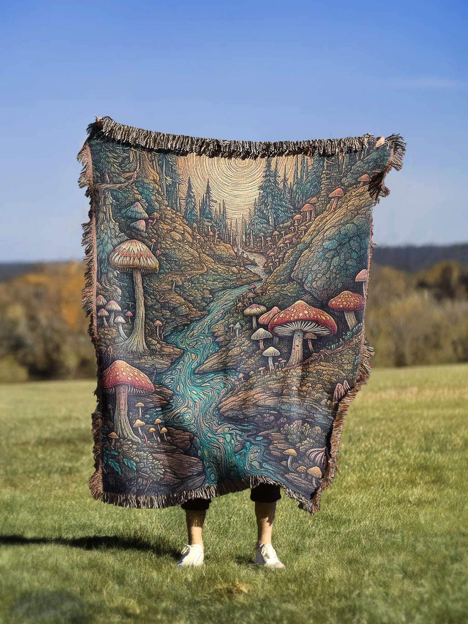 Trippy Mushroom Forest Throw Blanket Tapestry | Woven Wall Hanging Sofa Bed Cover - 100% Cotton