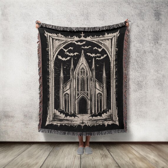 Gothic Cathedral Woven Blanket: Spooky Halloween Tapestry Throw