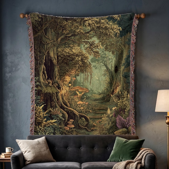 Enchanted Fairy Forest Woven Blanket | Nature Tapestry Rug | Woodland Cozy Cotton Bedspread Throw Decor | Green Bedroom Gift