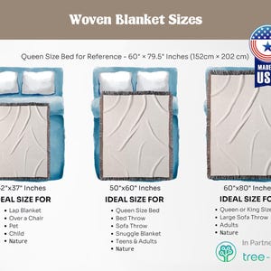 May include: A graphic showing three different sizes of woven blankets with their ideal uses. The blankets are shown on a bed, a sofa, and a chair. The sizes are 52" x 37", 50" x 60", and 60" x 80".