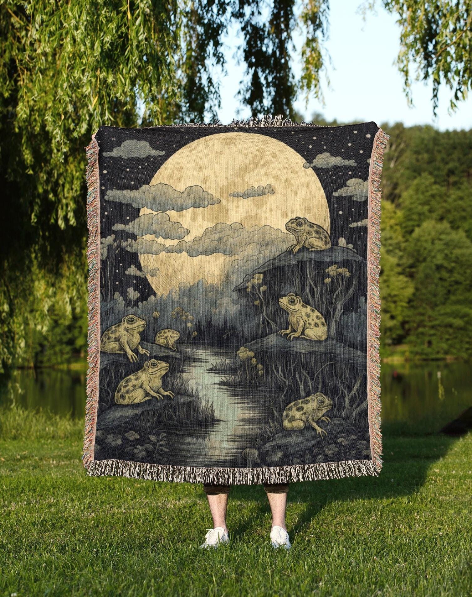 Forest Throw Rug Moonlight Frog Forest Throw Blanket | Cottagecore Woven Wall Hanging ...