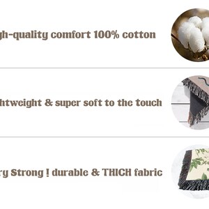 May include: Close-up of a woven throw blanket with fringe. The blanket is made of 100% cotton and is described as high-quality, comfortable, lightweight, soft, strong, durable, and thick. The text "High-quality comfort 100% cotton", "Lightweight & super soft to the touch", and "Very Strong! durable & THICH fabric" is visible in the image.