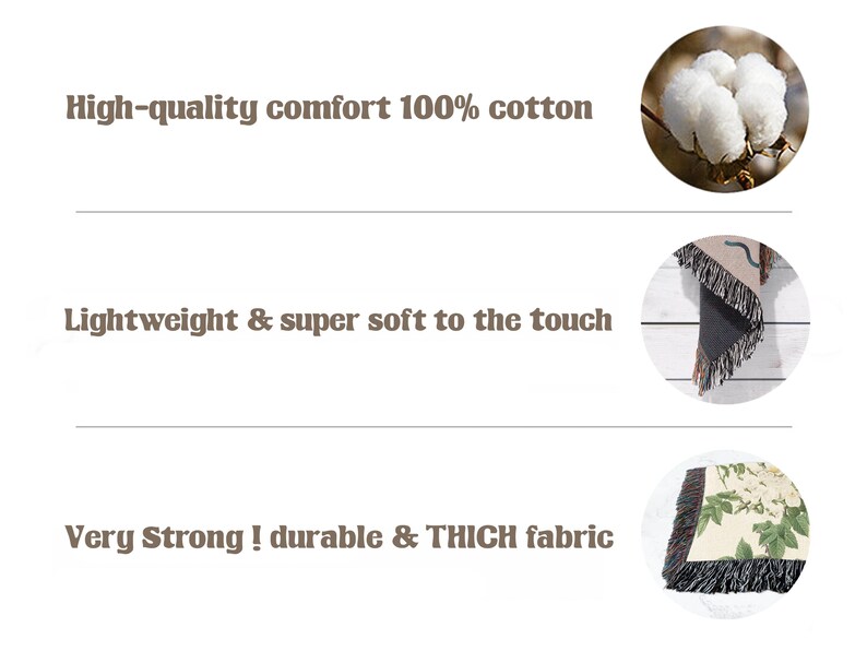 May include: Close-up of a woven throw blanket with fringe. The blanket is made of 100% cotton and is described as high-quality, comfortable, lightweight, soft, strong, durable, and thick. The text "High-quality comfort 100% cotton", "Lightweight & super soft to the touch", and "Very Strong! durable & THICH fabric" is visible in the image.