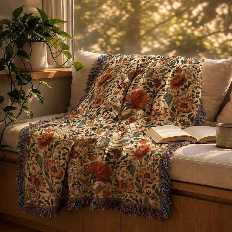 May include: A woven throw blanket featuring a detailed floral pattern with orange, red, and green botanical motifs on a cream background. The rectangular blanket has fringed edges along the sides and is draped over a cushioned seat with an open book.