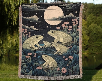 Moonlit Frog Pond Woven Blanket | Celestial Toad Nature Throw | Goblincore Tapestry | Full Moon Wildflower Gift | Starry Decor