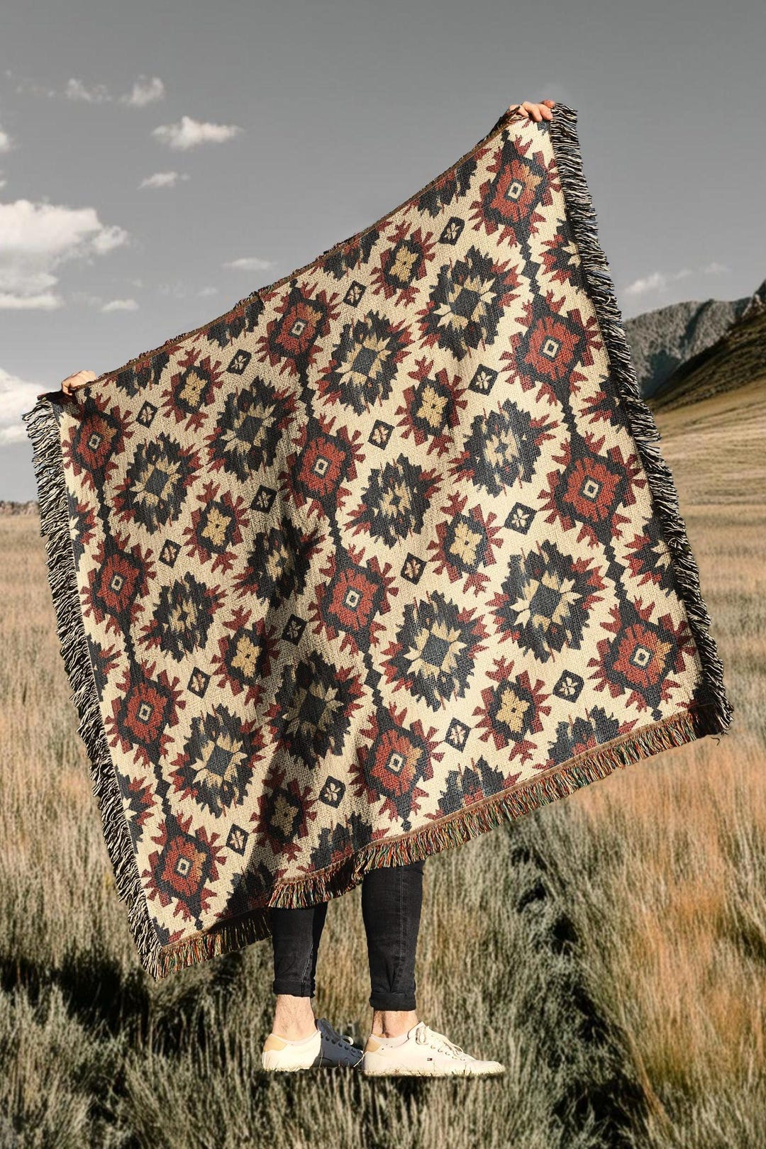 Large Tribal Navajo Cotton Blanket – Aztec BOHO Beach Throw Fringed