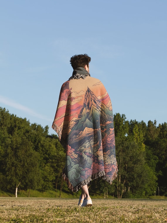 Boho Trippy Mountain Tapestry Throw Blanket Cloud Dreamy Landscape