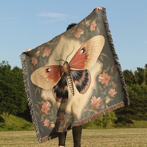 Gebloemde vlinderdeken | Cottagecore Geweven Botanische Muurhanger Mot Decor Slaapbankhoes, Katoengroene Sprei Cadeau