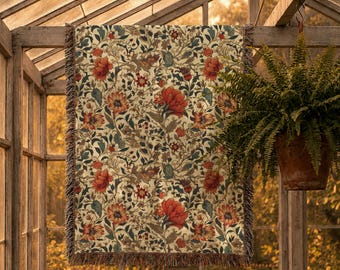 Floral Cottagecore Flowers Throw Blanket Tapestry | Vintage Woven Rug Wall Hanging Sofa Bed Cover Decor Gift For Her