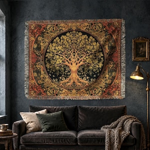 Manta/tapiz medieval con diseño del Árbol de la Vida / Decoración de pared tejida con temática de bosque / Regalo ideal para amantes de la naturaleza y para picnics