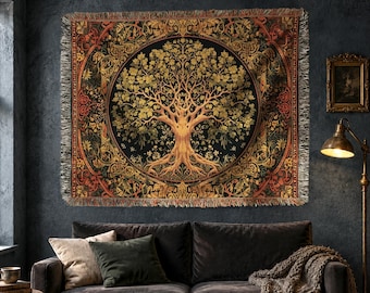 Tapisserie décorative médiévale Arbre de vie | Décoration murale tissée boisée | Cadeau pique-nique pour amoureux de la nature