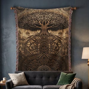 Coperta con albero Yggdrasil celtico / Decorazione da parete tessuta ispirata alla mitologia norrena / Regalo vichingo per gli amanti degli alberi