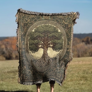Yggdrasil Baum Des Lebens Gobelin Überwurf aus Baumwolle | Mittelalterliche gewebte Decke Wandbehang Teppich | Ethnic Decor Sofabettbezug - 100% Baumwolle