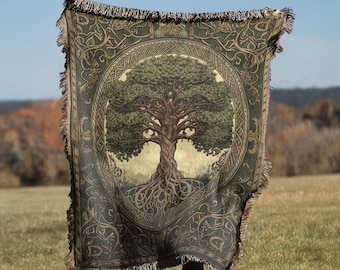 Yggdrasil Tree Of Life Cotton Tapestry Throw | Medieval Woven Blanket Wall Hanging Rug | Ethnic Decor Sofa Bed Cover Gift