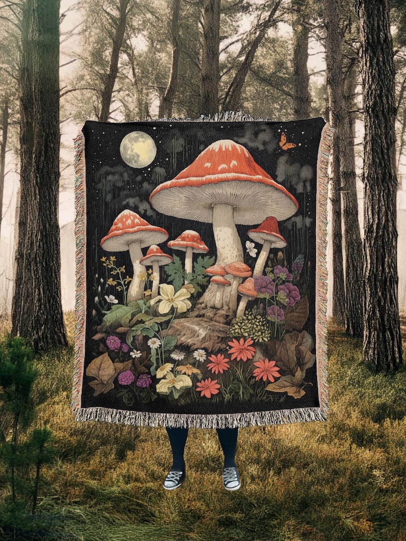 Whimsical Mushroom Pattern Insect Tapestry Throw Blanket
