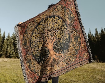 Medieval Tree Of Life Throw Blanket Tapestry Rug | Woodland Woven Wall Hanging Decor | Sofa Bed Cover - 100% Cotton Gift