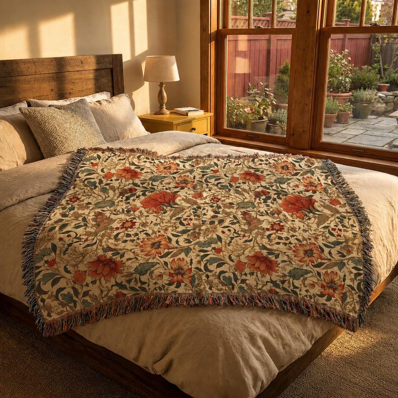 May include: A rectangular woven throw blanket featuring a dense botanical pattern of orange and red flowers with green leaves on a cream background. The blanket has a fringed edge along the sides and is draped over a bed with neutral bedding.
