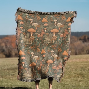 Deken groen paddenstoelpatroon | Cottagecore geweven picknickkleed voor buiten, slaapbankSpreadcover Cottage Room Decor - Fungi Lover Gift