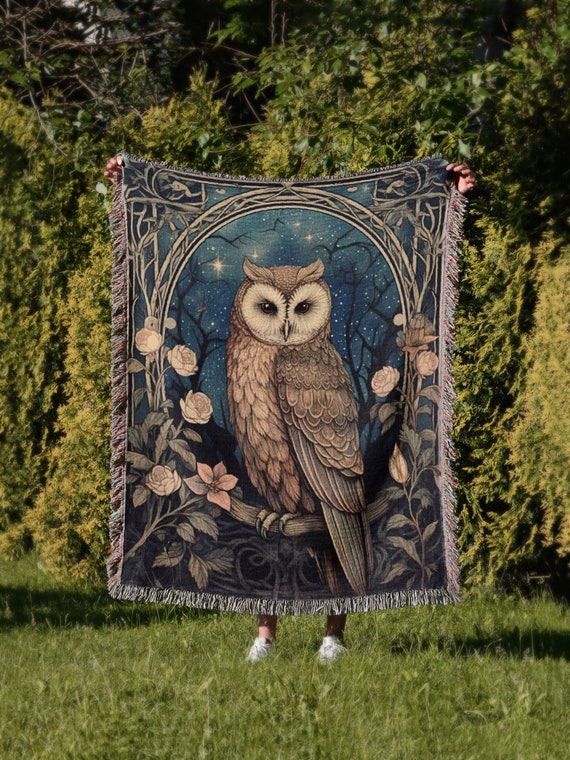 Magic Floral Owl Throw Blanket Tapestry | Vintage Ethereal Woven Wall Hanging Rug Decor | Sofa Bed Cover - Cotton Owl Lover Gift