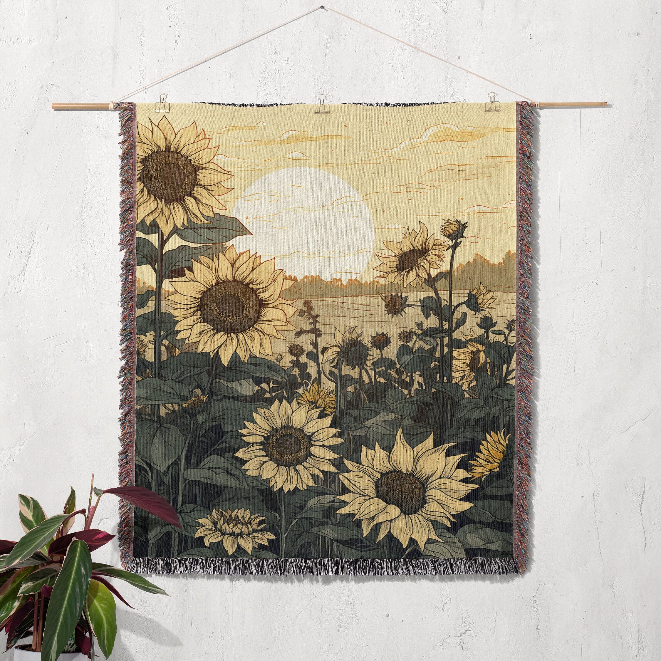 Boho Sunflower Field Sun Throw Blanket Tapestry | Woven Wall Hanging Sofa Bed Cover - 100% Cotton