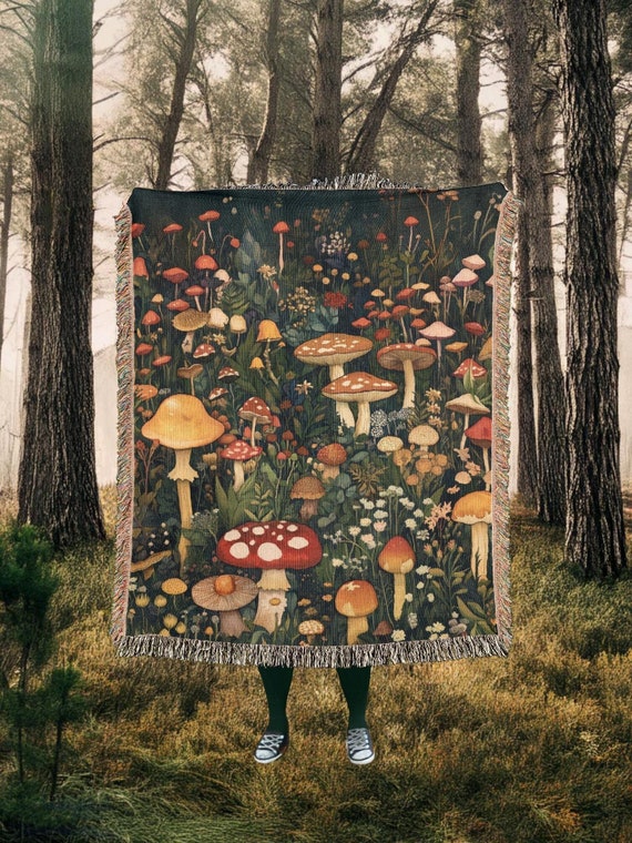 Wildflower Mushroom Blanket | Green Cottagecore Fringe Picnic Throw, Goblincore Woven Tapestry Rug | Hippie Bedroom Home Witchy Decor