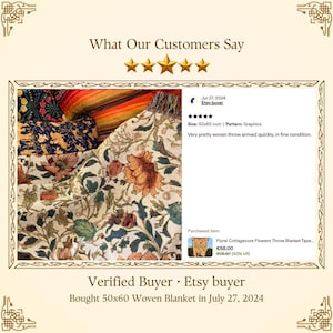 May include: A woven throw blanket featuring a detailed floral pattern with orange, green, and cream tones. The image includes a customer review stating, 'Very pretty woven throw arrived quickly, in fine condition,' and notes a size of 50x60 inches.