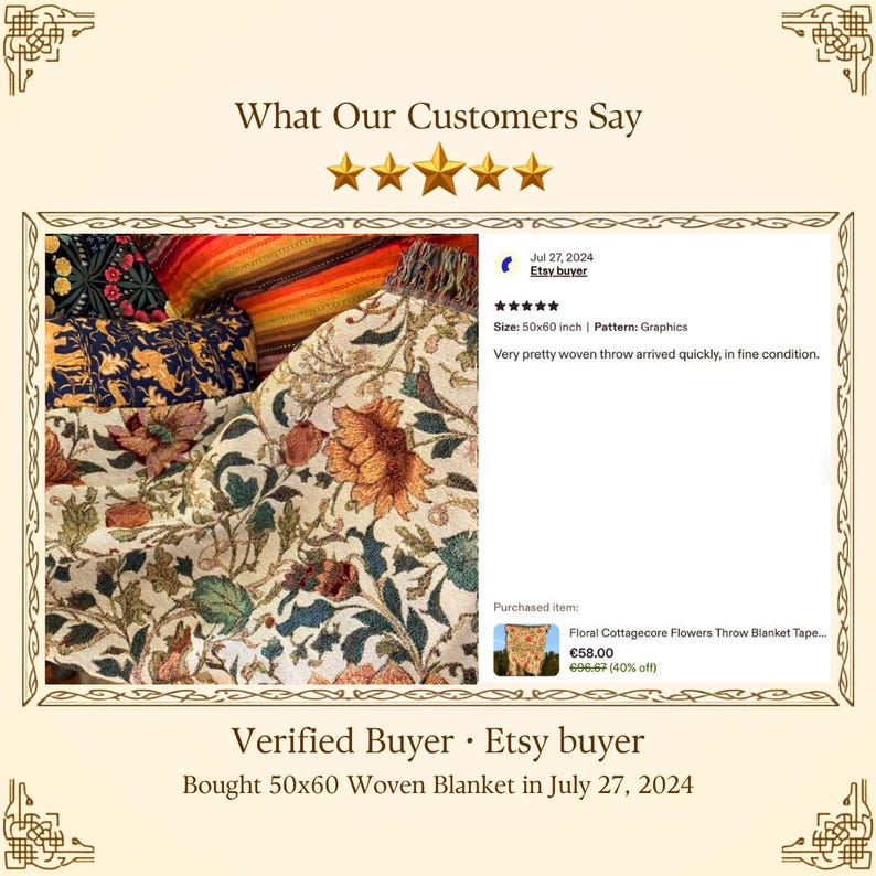 May include: A woven throw blanket featuring a detailed floral pattern with orange, green, and cream tones. The image includes a customer review stating, 'Very pretty woven throw arrived quickly, in fine condition,' and notes a size of 50x60 inches.
