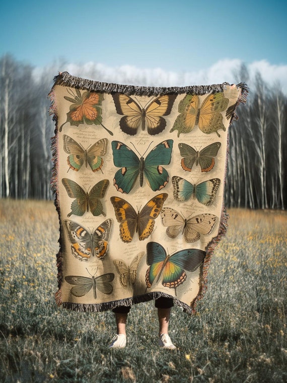 Cottagecore Butterfly Moth Throw Blanket Tapestry | Vintage Woven Rug Wall Hanging Sofa Bed Cover Decor - 100% Cotton Gift For Her