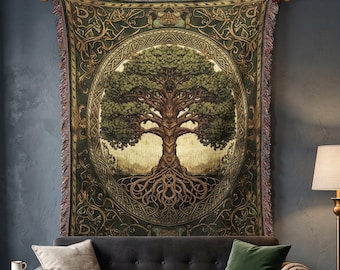 Yggdrasil Tree Of Life Cotton Tapestry Throw | Medieval Woven Blanket Wall Hanging Rug | Ethnic Decor Sofa Bed Cover Gift