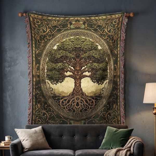 Tapiz de algodón con el árbol de la vida de Yggdrasil / Manta tejida medieval para colgar en la pared / Funda de sofá cama de decoración étnica / Regalo