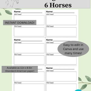 Horse Stall Feed Chart- 6 spot (Simple)