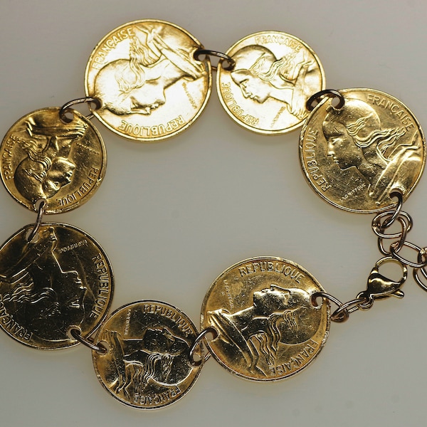 BRACELET COINS, bracelet monnaie, piece de monnaie centimes de Franc Marianne, Bracelet Femme, Bracelet Homme, bijoux, gourmette femme