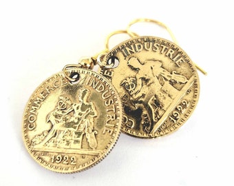 Elegant earrings with old coins from the 1920s, commercial francs, decorated with Mercury holding a winged caduceus