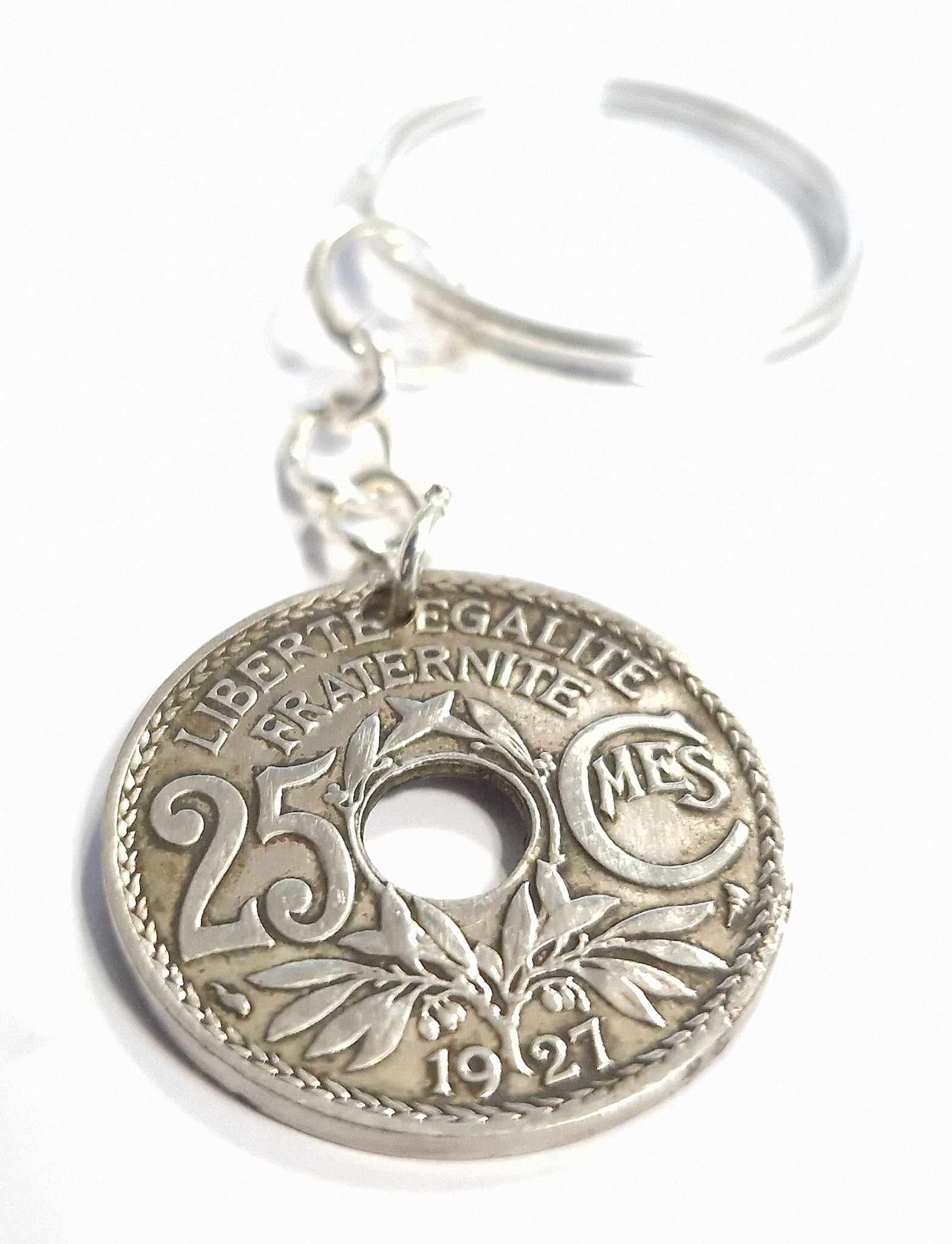 COIN KEYRING, coin, key ring, key holder, key hook, French coin, Phrygian cap, coin with hole, 1914 to 1946, war, war