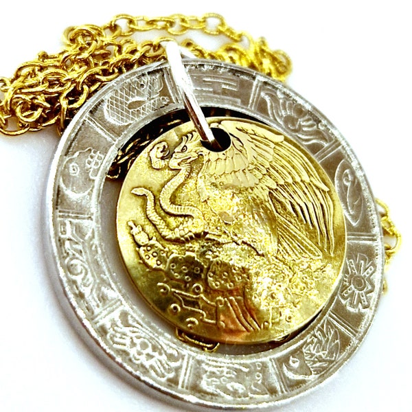 PENDENTIF AIGLE, medaillon, chaîne, bijoux aigle, eagle pendant, eagle jewel, pendentif monnaie, bijoux mexique, mexico, pendentif serpent